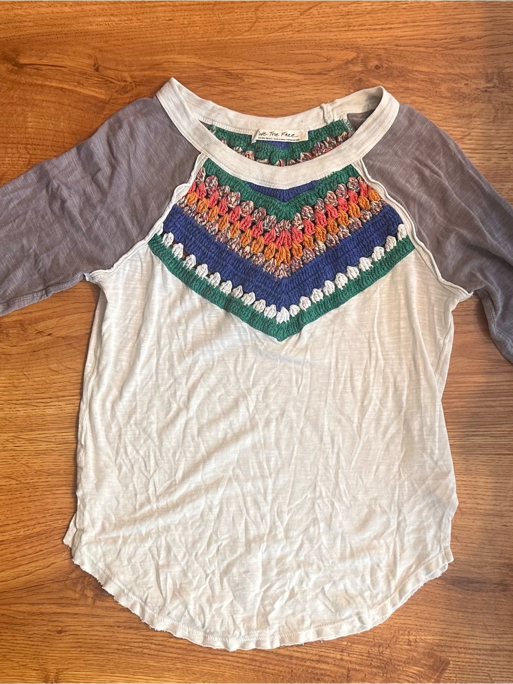 Free People White Raglan Tee with Multicolor Crochet Yoke